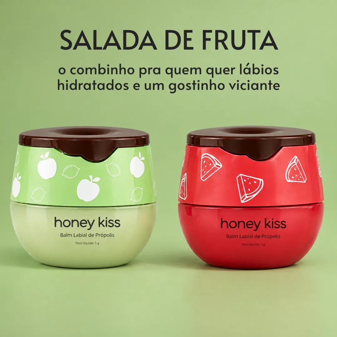 Combo Salada de Fruta: potes do balm labial HoneyKiss sabores Maçã Verde e Melancia lado a lado