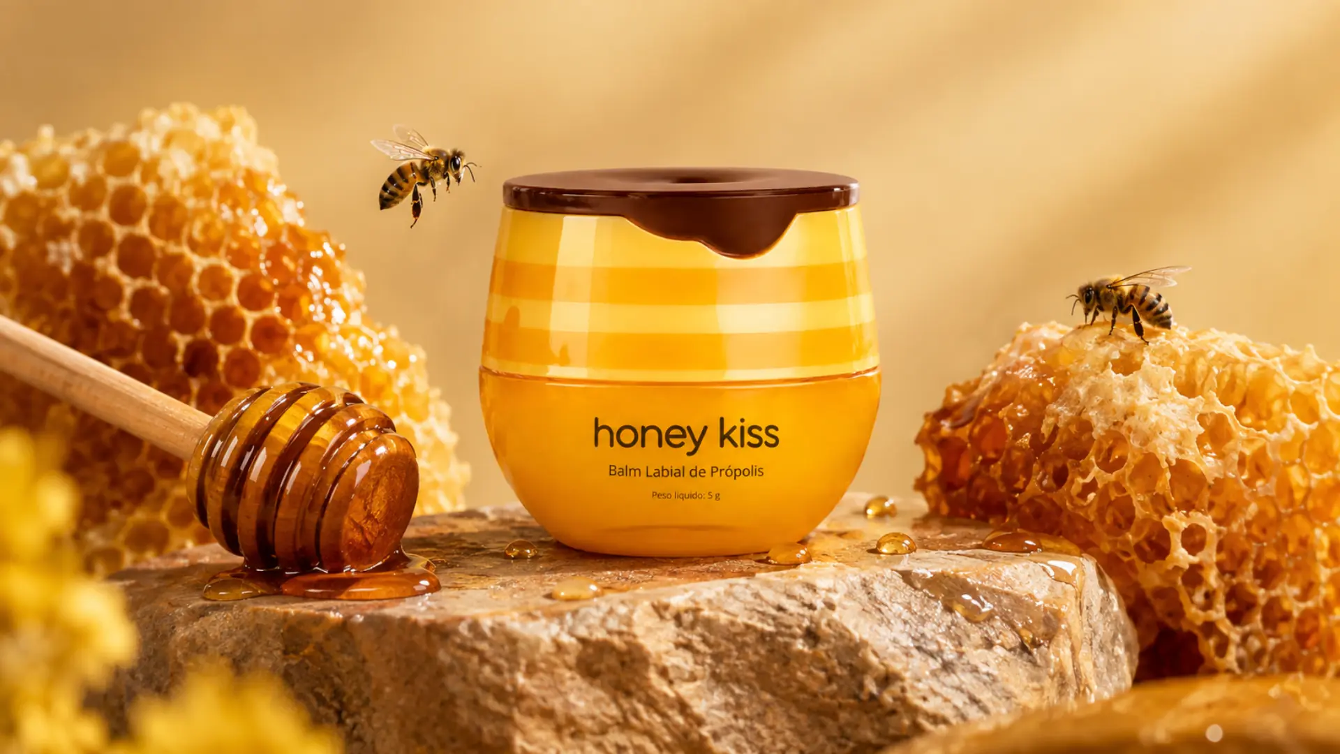 Pote do balm labial HoneyKiss sabor Mel, entre favos de mel