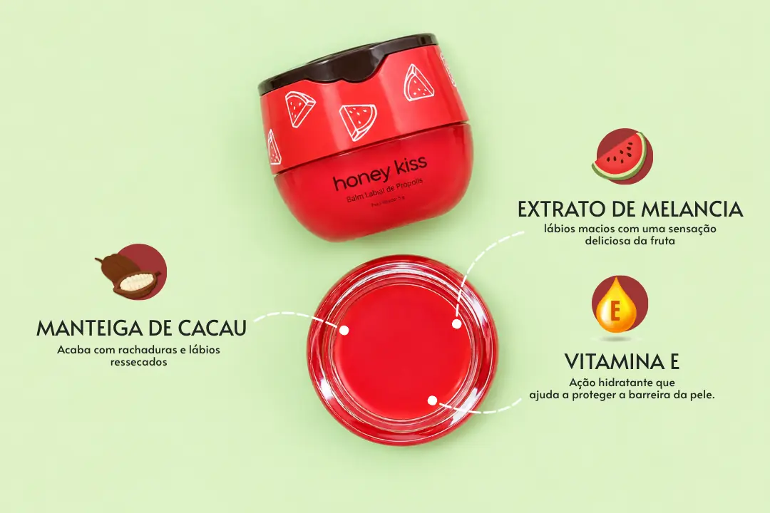 Pote do balm labial HoneyKiss sabor Melancia, ao lado de fatias de melancia, foto 4