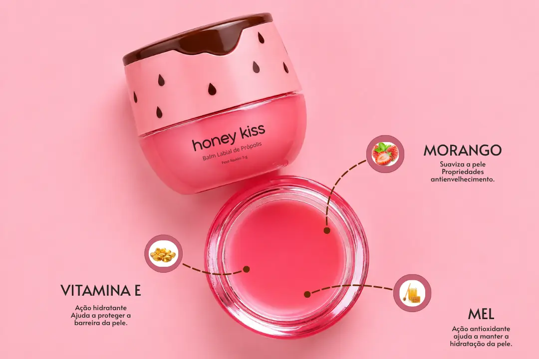 Pote do balm labial HoneyKiss sabor Morango, cercado de morangos, foto 2